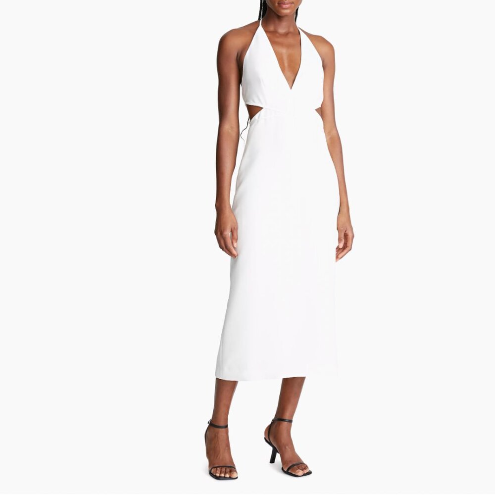 NWT Halston Kailey Cut-Out Midi-Dress in white v neck open back slit halter neck